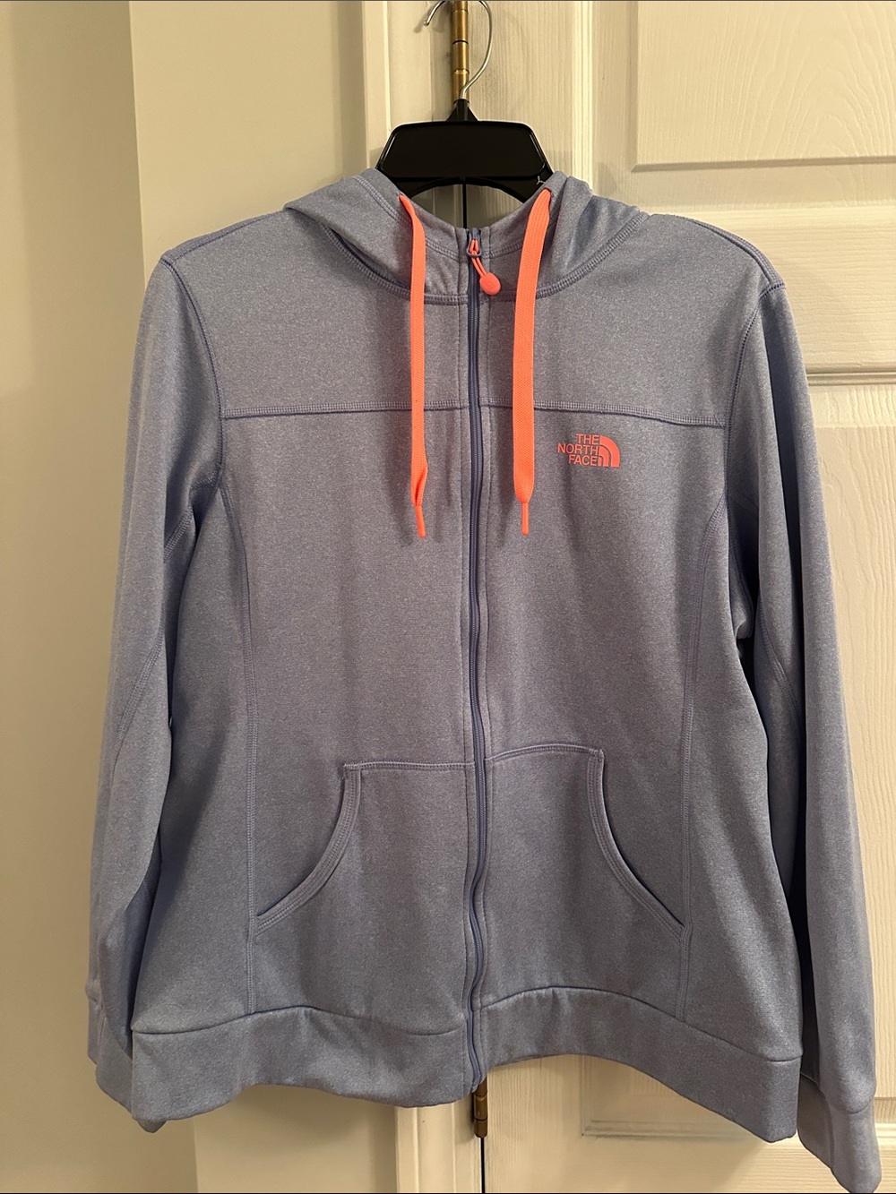 The North Face Light Blue Zip Hoodie with Coral Drawstrings- Women’s Large